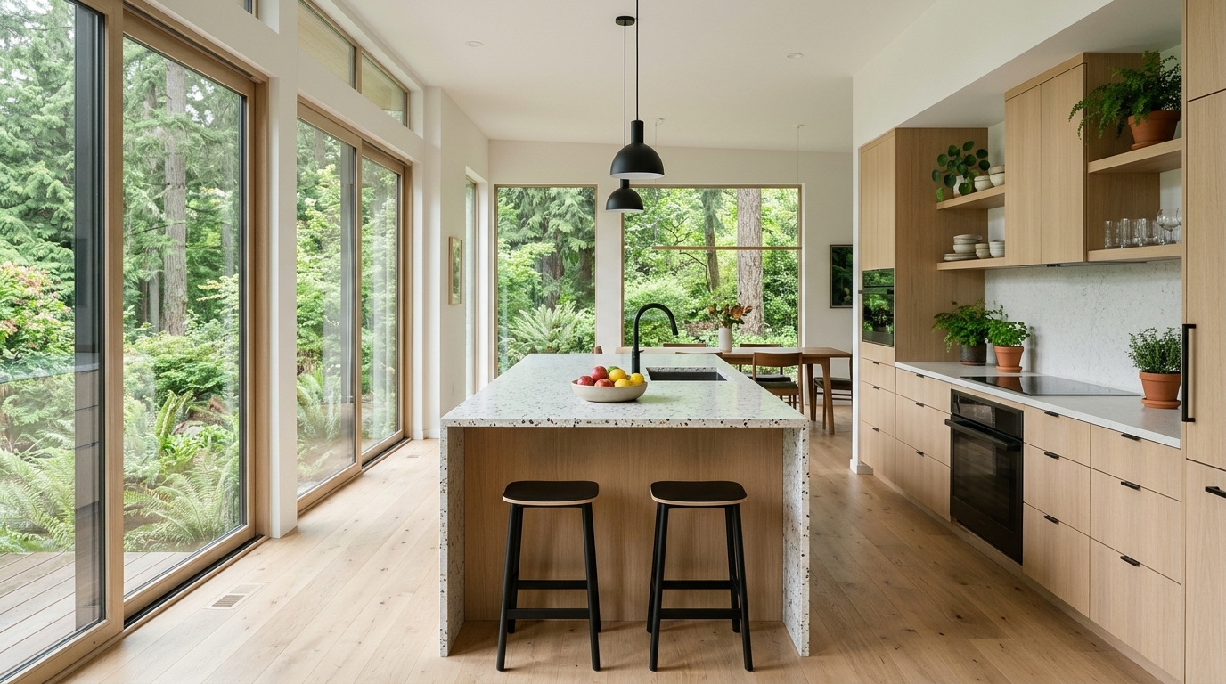 Remodeled Portland kitchen with custom cabinetry and quartz island